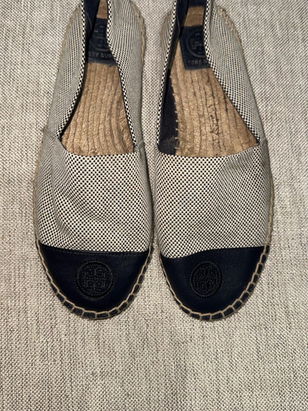 Tory Burch Navy Blue Toe Cap Cream Navy Blue Canvas Espadrille Flats